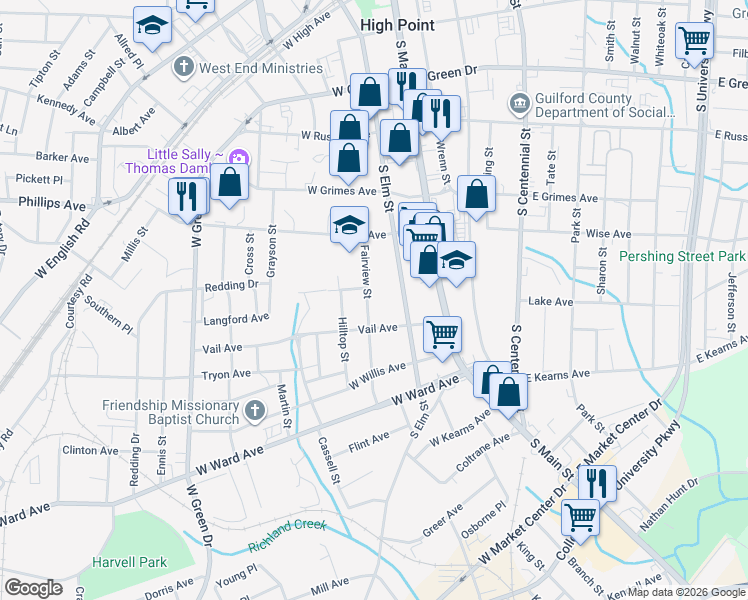 map of restaurants, bars, coffee shops, grocery stores, and more near 718 Fairview Street in High Point