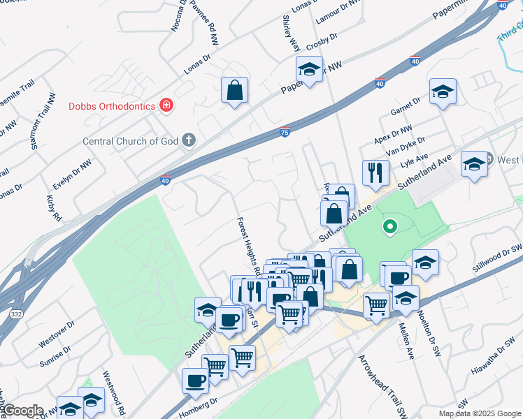 map of restaurants, bars, coffee shops, grocery stores, and more near 709 Forest Hills Boulevard in Knoxville