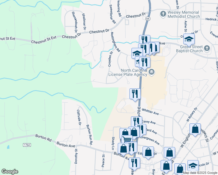 map of restaurants, bars, coffee shops, grocery stores, and more near 1423 Coventry Road in High Point
