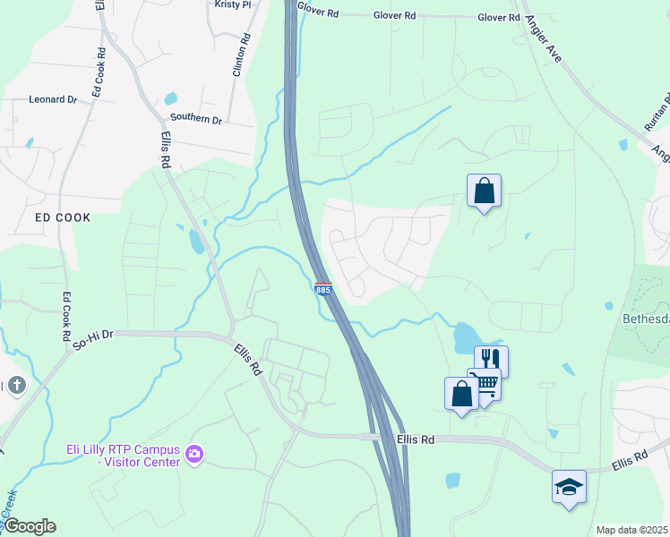 map of restaurants, bars, coffee shops, grocery stores, and more near 1129 Fitchie Place in Durham