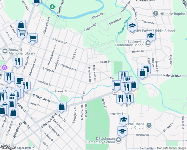 map of restaurants, bars, coffee shops, grocery stores, and more near 423 Matthews Street in Rocky Mount