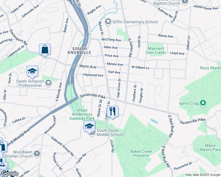 map of restaurants, bars, coffee shops, grocery stores, and more near 3510 Sevier Avenue in Knoxville
