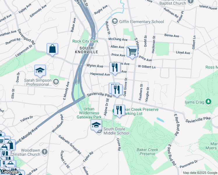map of restaurants, bars, coffee shops, grocery stores, and more near 3423 Sevier Avenue in Knoxville