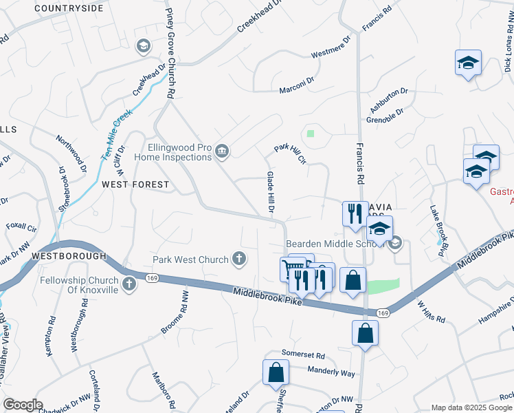 map of restaurants, bars, coffee shops, grocery stores, and more near 1101 Glade Hill Drive in Knoxville
