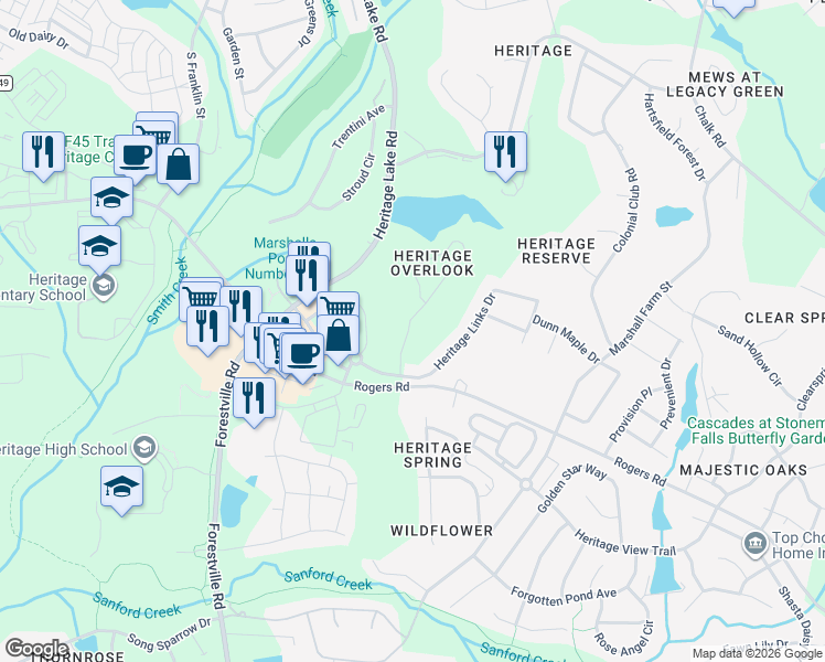 map of restaurants, bars, coffee shops, grocery stores, and more near 912 Overlook Ridge Road in Wake Forest
