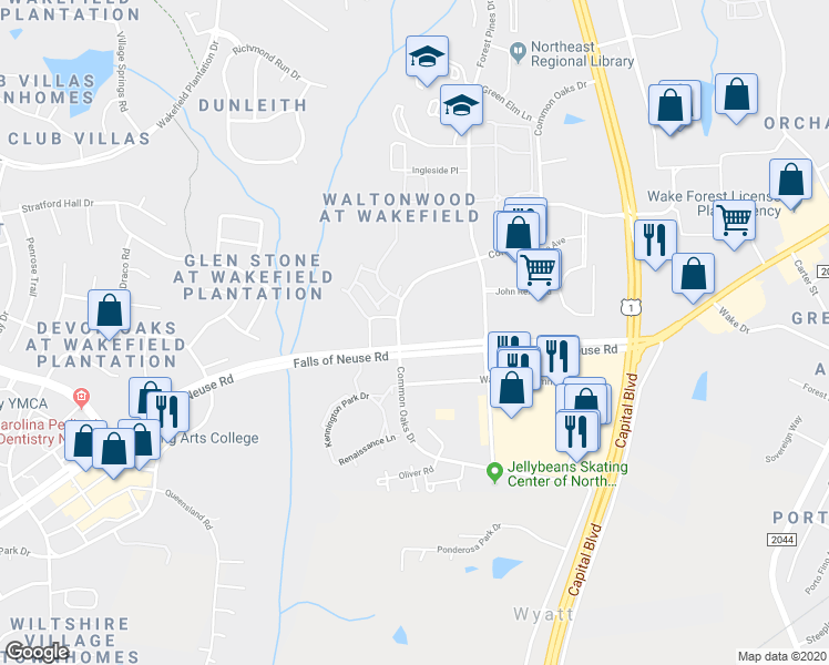 map of restaurants, bars, coffee shops, grocery stores, and more near 14201 Falls of Neuse Road in Raleigh