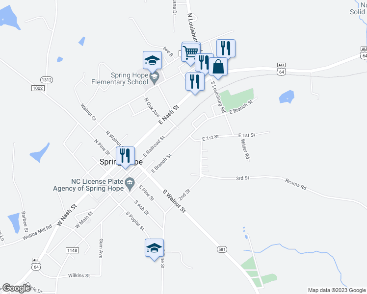 map of restaurants, bars, coffee shops, grocery stores, and more near 318 East Branch Street in Spring Hope