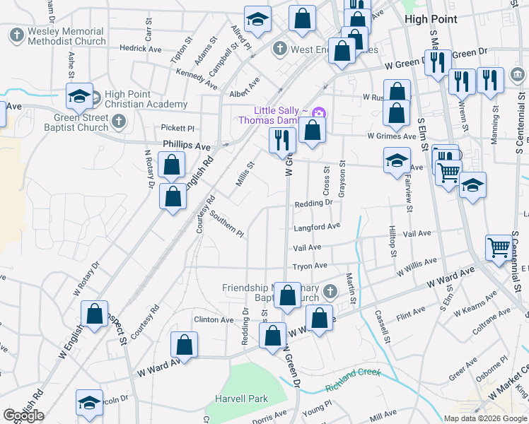 map of restaurants, bars, coffee shops, grocery stores, and more near 1009 Redding Drive in High Point