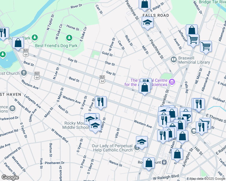 map of restaurants, bars, coffee shops, grocery stores, and more near 784 Beal Street in Rocky Mount