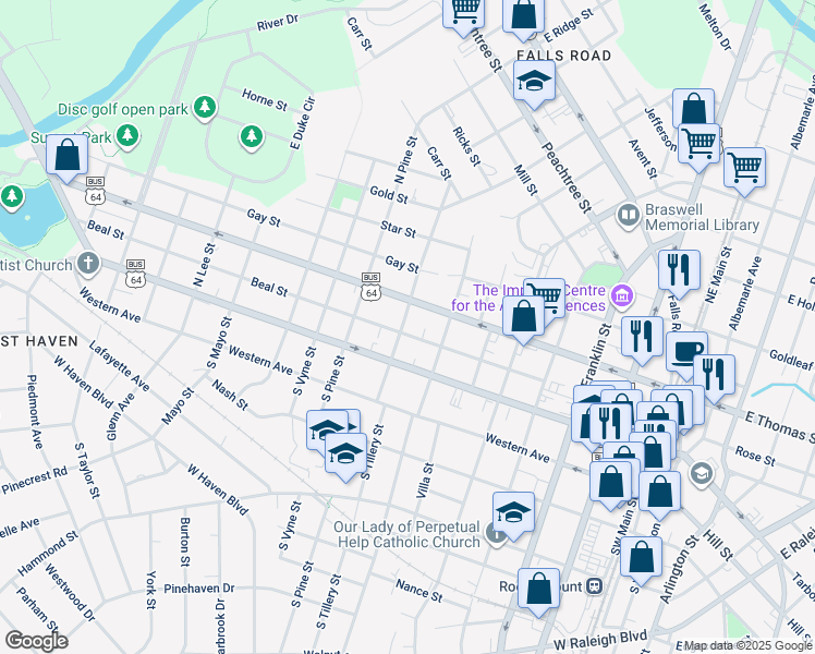 map of restaurants, bars, coffee shops, grocery stores, and more near 746 Beal Street in Rocky Mount