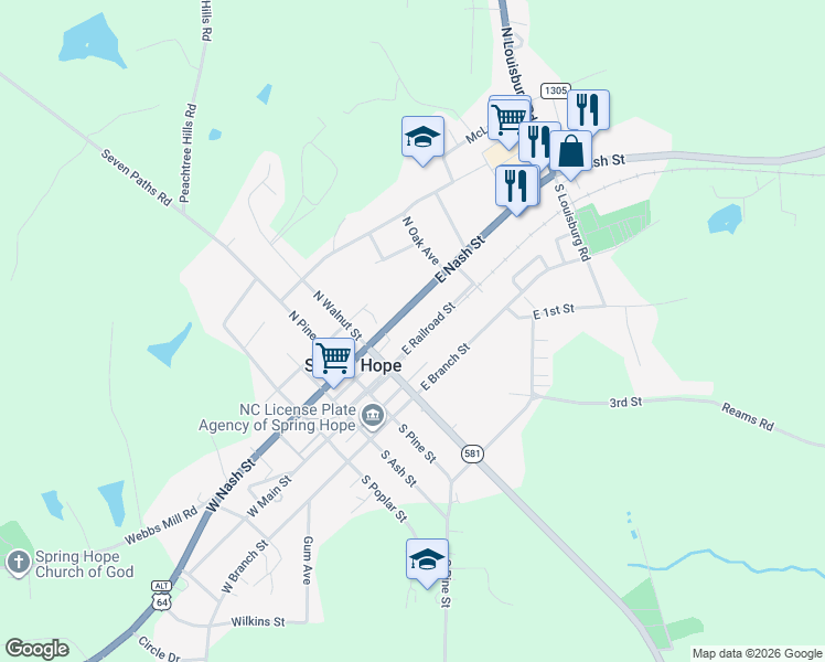 map of restaurants, bars, coffee shops, grocery stores, and more near 221 East Railroad Street in Spring Hope