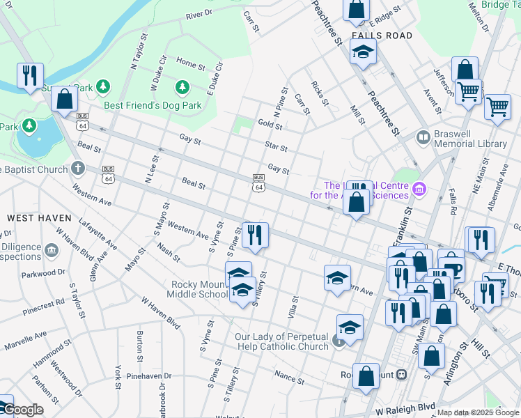 map of restaurants, bars, coffee shops, grocery stores, and more near 823 Beal Street in Rocky Mount