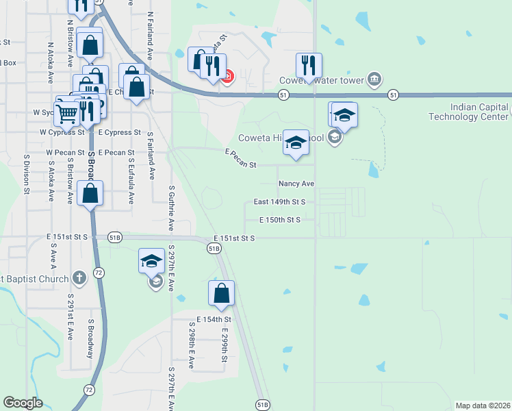 map of restaurants, bars, coffee shops, grocery stores, and more near 30190 East 149th Street South in Coweta