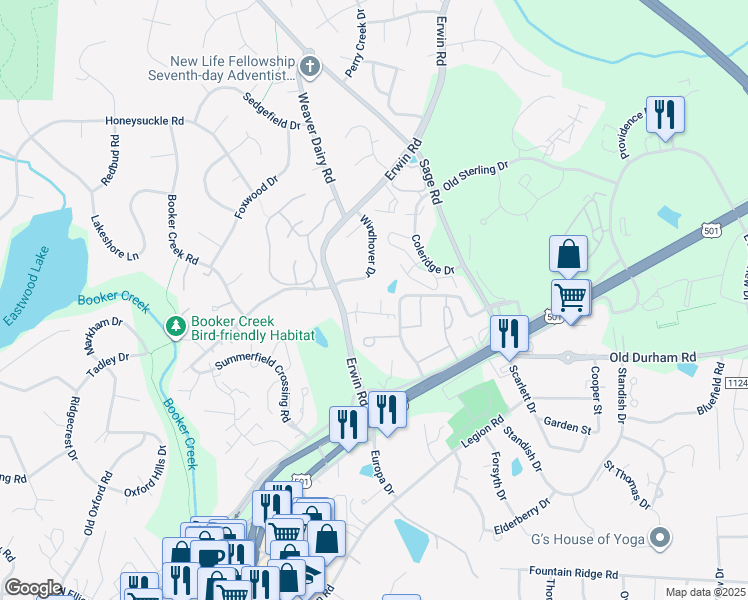 map of restaurants, bars, coffee shops, grocery stores, and more near 103 Stewart Lane in Chapel Hill