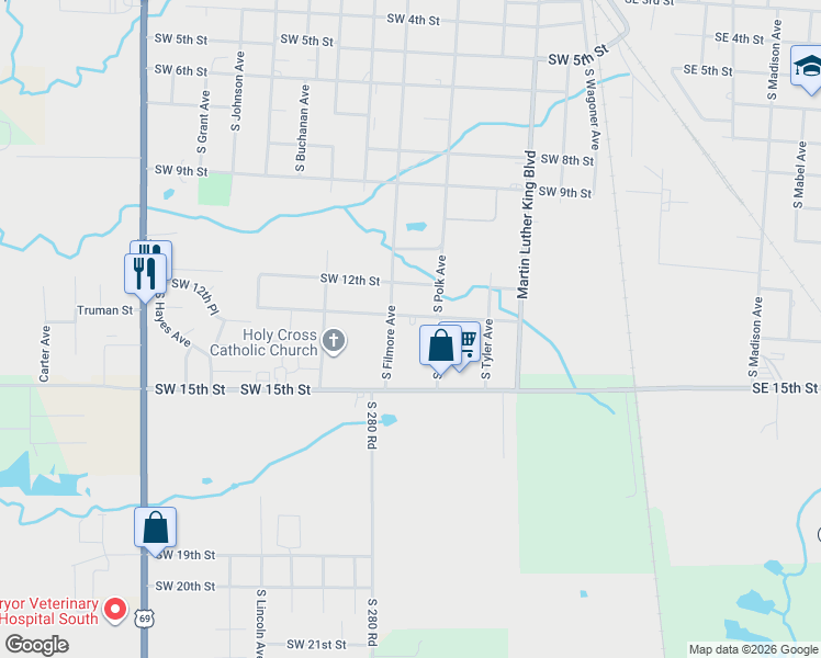 map of restaurants, bars, coffee shops, grocery stores, and more near 520 Southwest 13th Street in Wagoner