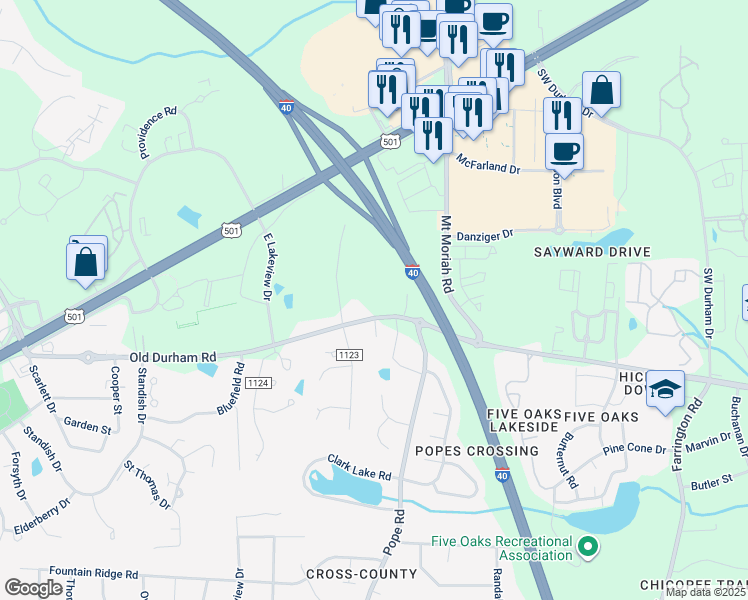 map of restaurants, bars, coffee shops, grocery stores, and more near 5500 Old Chapel Hill Road in Durham
