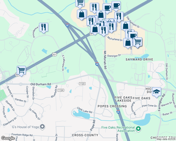 map of restaurants, bars, coffee shops, grocery stores, and more near 5500 Old Chapel Hill Road in Durham