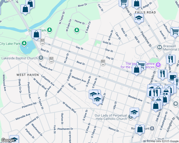 map of restaurants, bars, coffee shops, grocery stores, and more near 1006 Sunset Avenue in Rocky Mount