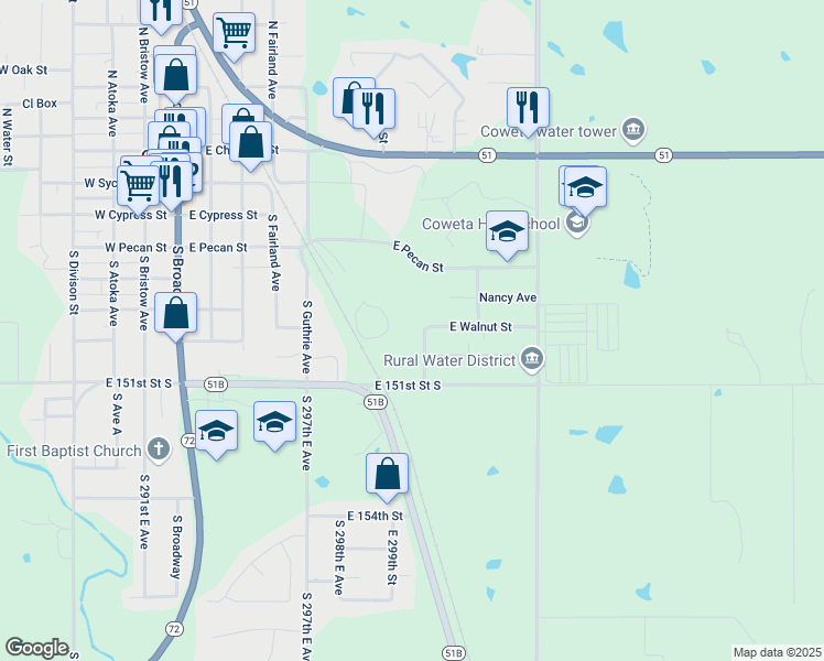 map of restaurants, bars, coffee shops, grocery stores, and more near 14906 South 301st East Avenue in Coweta