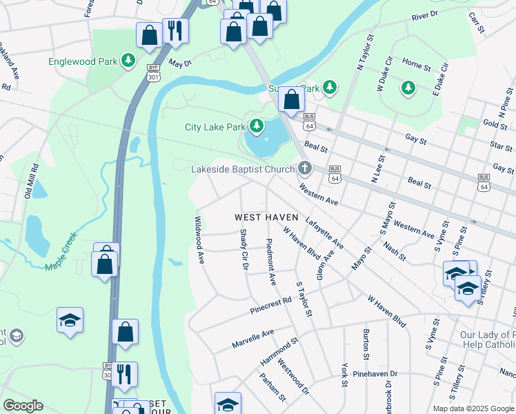 map of restaurants, bars, coffee shops, grocery stores, and more near 212 Piedmont Avenue in Rocky Mount