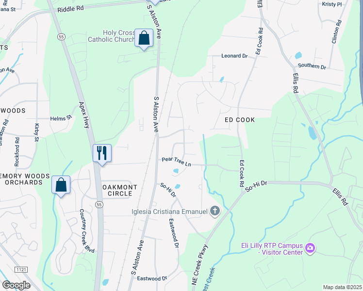 map of restaurants, bars, coffee shops, grocery stores, and more near 1022 Oak Park Drive in Durham