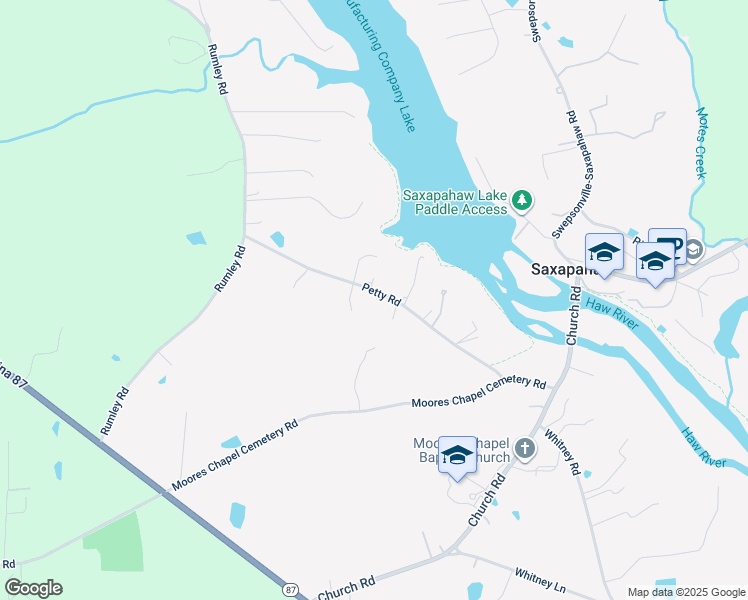 map of restaurants, bars, coffee shops, grocery stores, and more near 1573 Petty Road in Graham