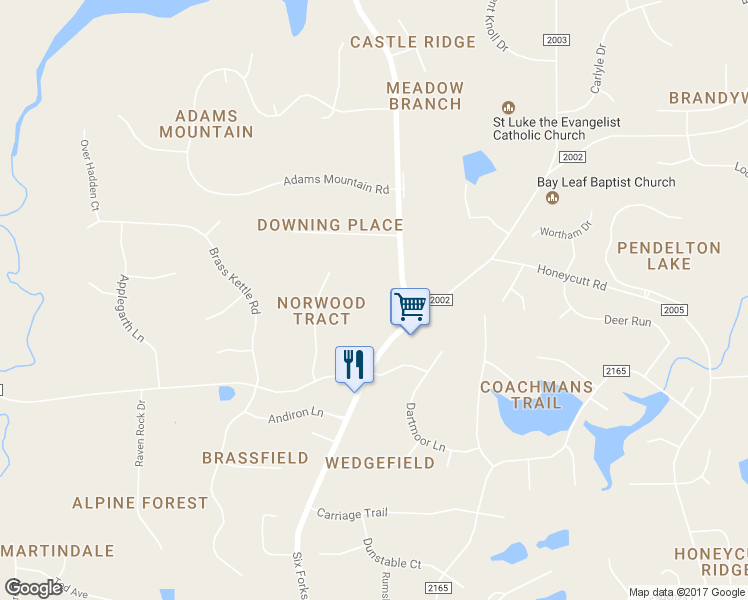 map of restaurants, bars, coffee shops, grocery stores, and more near 11717 Six Forks Road in Raleigh