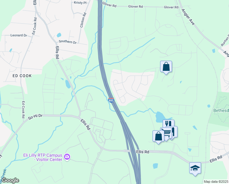 map of restaurants, bars, coffee shops, grocery stores, and more near 1129 Fitchie Place in Durham