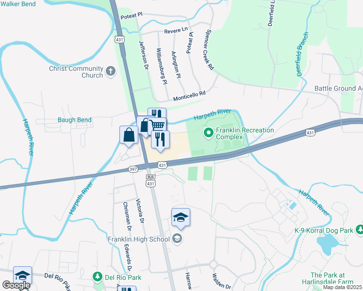 map of restaurants, bars, coffee shops, grocery stores, and more near 1114 Hillsboro Road in Franklin
