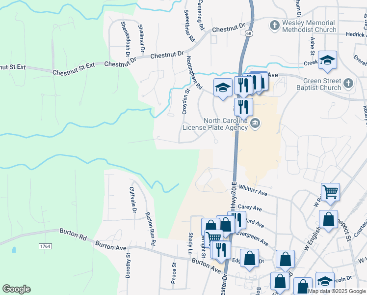 map of restaurants, bars, coffee shops, grocery stores, and more near 1423 Coventry Road in High Point