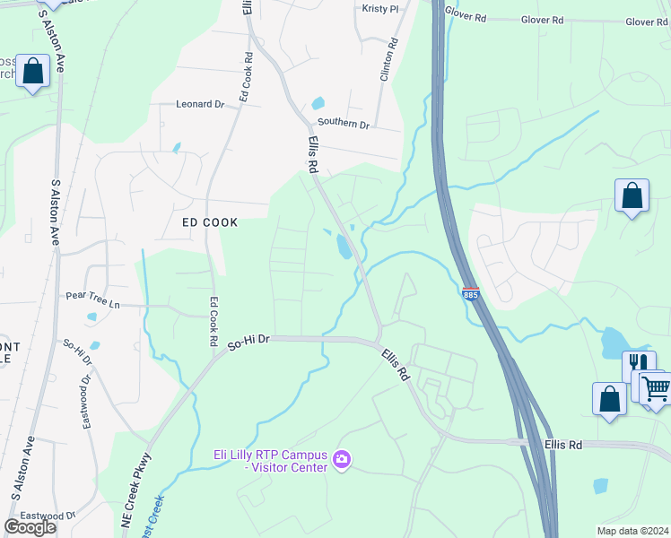 map of restaurants, bars, coffee shops, grocery stores, and more near 106 Churment Court in Durham