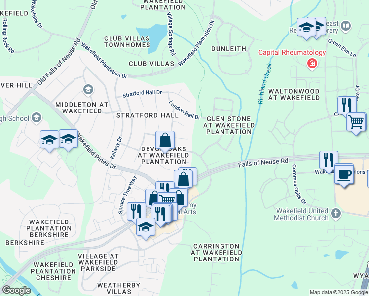 map of restaurants, bars, coffee shops, grocery stores, and more near 12401 Dunard Street in Raleigh