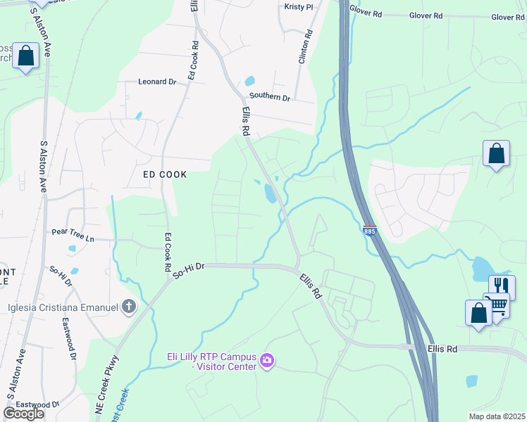 map of restaurants, bars, coffee shops, grocery stores, and more near 106 Churment Court in Durham
