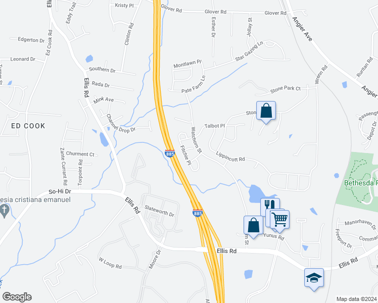 map of restaurants, bars, coffee shops, grocery stores, and more near 808 Malta Way in Durham