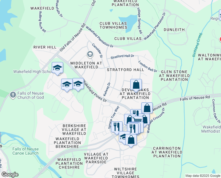 map of restaurants, bars, coffee shops, grocery stores, and more near 12304 Canolder Street in Raleigh