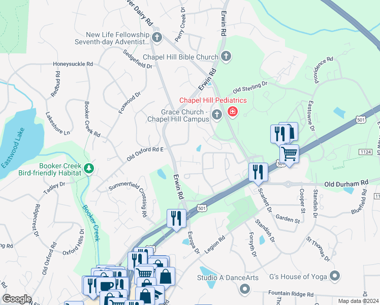 map of restaurants, bars, coffee shops, grocery stores, and more near 105 A Stewart Place in Chapel Hill