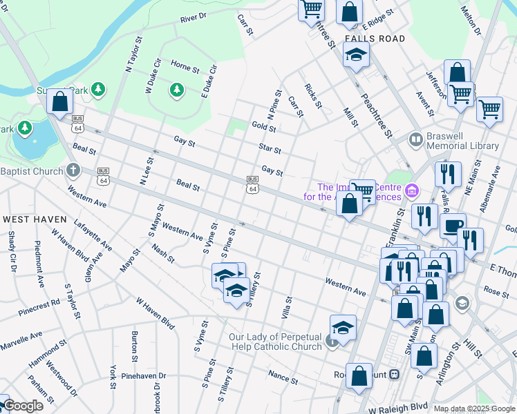 map of restaurants, bars, coffee shops, grocery stores, and more near 818 Beal Street in Rocky Mount