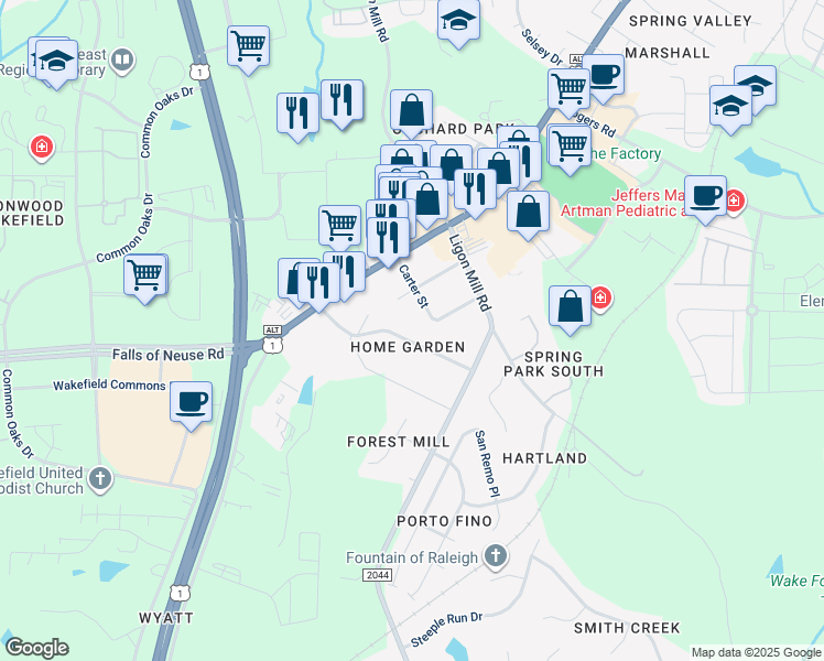 map of restaurants, bars, coffee shops, grocery stores, and more near 1628 Wake Drive in Wake Forest