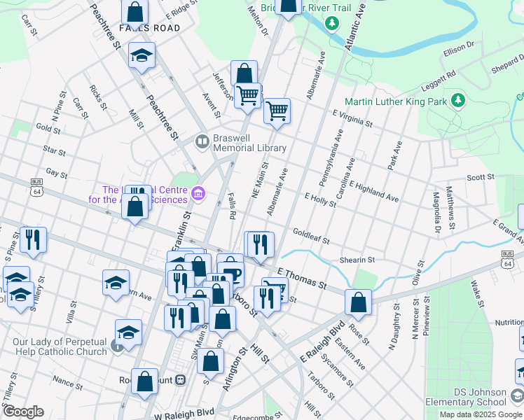 map of restaurants, bars, coffee shops, grocery stores, and more near 109 Goldleaf Street in Rocky Mount