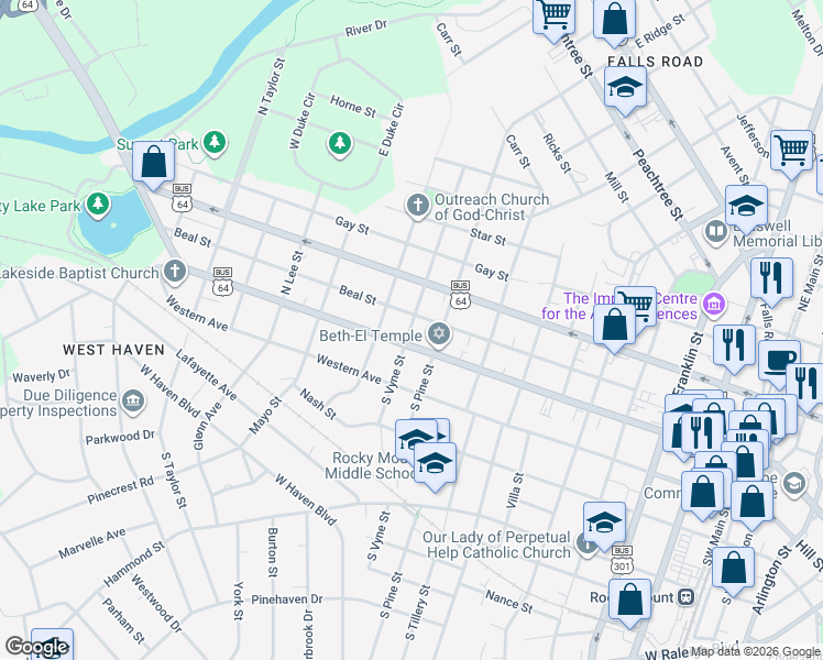 map of restaurants, bars, coffee shops, grocery stores, and more near 910 Sunset Avenue in Rocky Mount