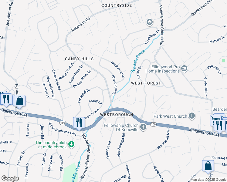 map of restaurants, bars, coffee shops, grocery stores, and more near 1823 Elmhurst Way in Knoxville