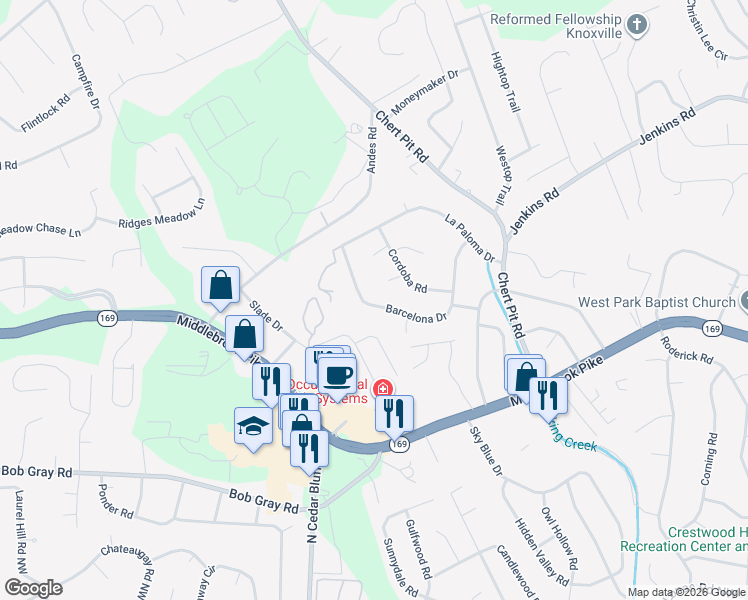 map of restaurants, bars, coffee shops, grocery stores, and more near 1506 Barcelona Drive in Knoxville