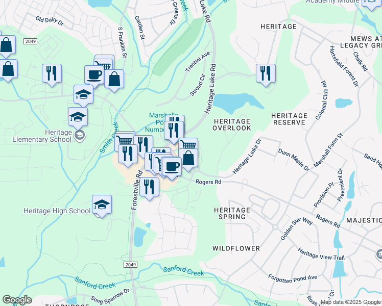 map of restaurants, bars, coffee shops, grocery stores, and more near 1227 Heritage Links Drive in Wake Forest