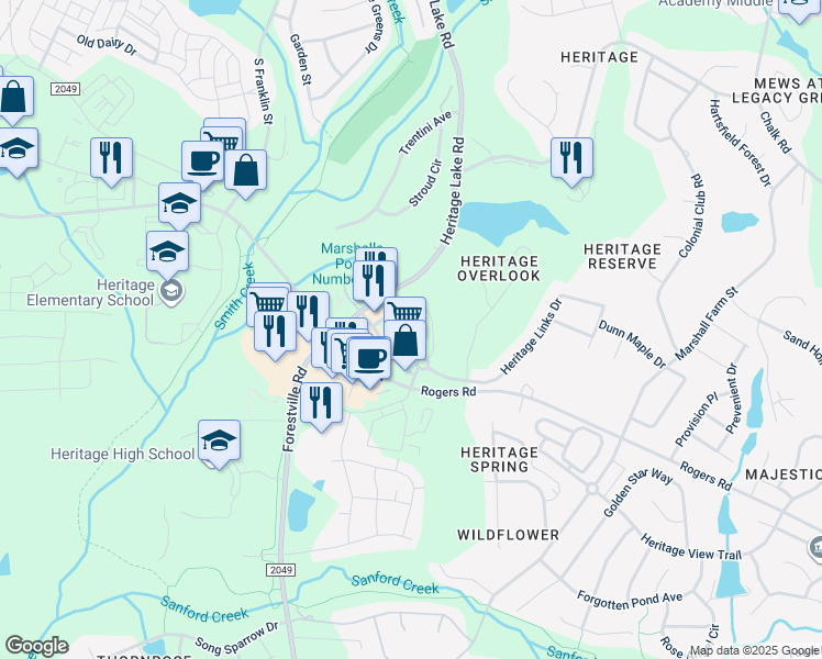 map of restaurants, bars, coffee shops, grocery stores, and more near 1227 Heritage Links Drive in Wake Forest