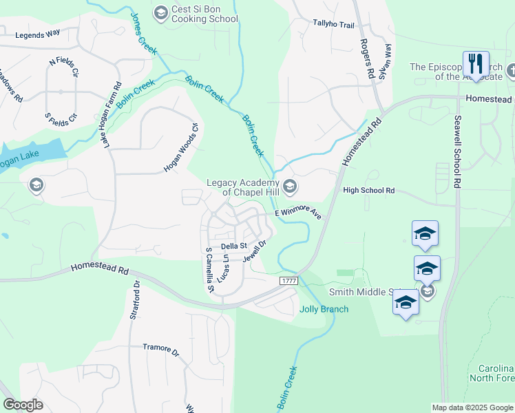 map of restaurants, bars, coffee shops, grocery stores, and more near 133 Ruskin Drive in Chapel Hill