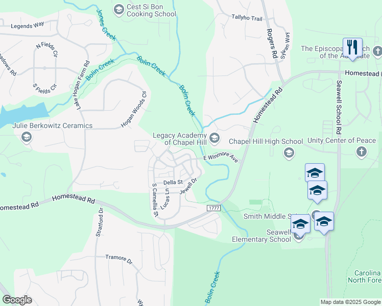 map of restaurants, bars, coffee shops, grocery stores, and more near 133 Ruskin Drive in Chapel Hill