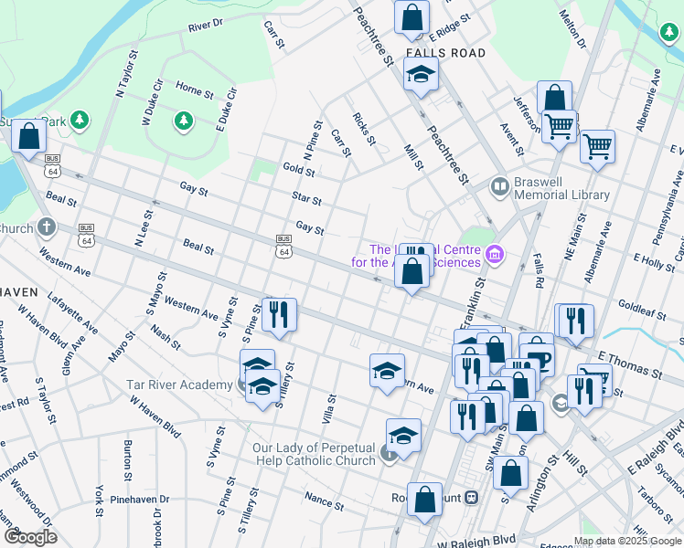 map of restaurants, bars, coffee shops, grocery stores, and more near 707 West Thomas Street in Rocky Mount