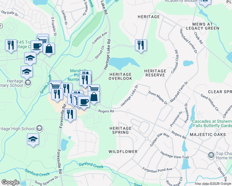map of restaurants, bars, coffee shops, grocery stores, and more near 912 Overlook Ridge Road in Wake Forest