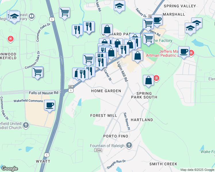 map of restaurants, bars, coffee shops, grocery stores, and more near 1628 Wake Drive in Wake Forest