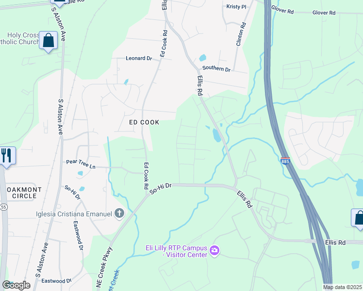 map of restaurants, bars, coffee shops, grocery stores, and more near 221 Churment Court in Durham